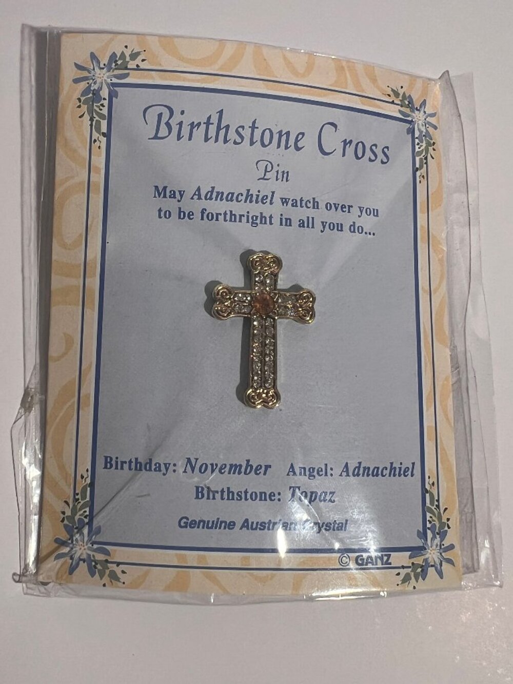 GANZ November Birthstone Cross Pin – Topaz & Genuine Austrian Crystal